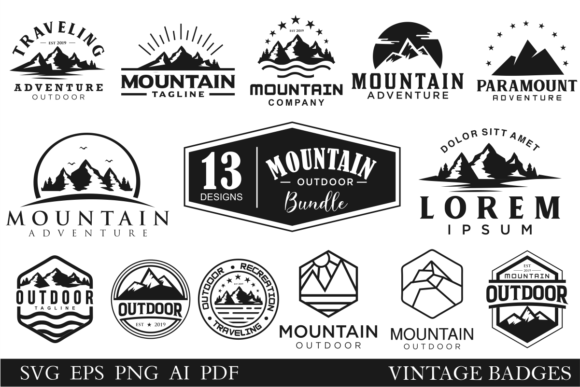 Set of Mountain Sea Logo Emblem Vintage Review